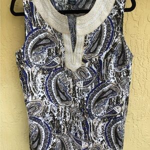 Saint Tropez Women’s Blue & Tan Paisley Print Sleeveless Linen Shirt Size Large